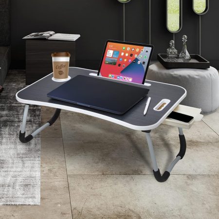 KIRAT Foldable Laptop Table with Cup Holder, Tablet Groove and Mini Drawer